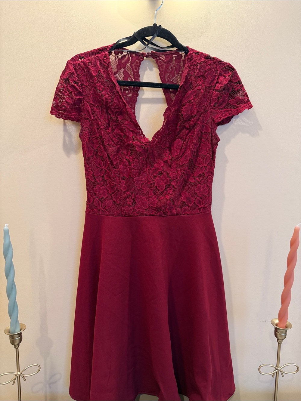 B Darlin Burgundy Lace V-Neck Fit & Flare Dress